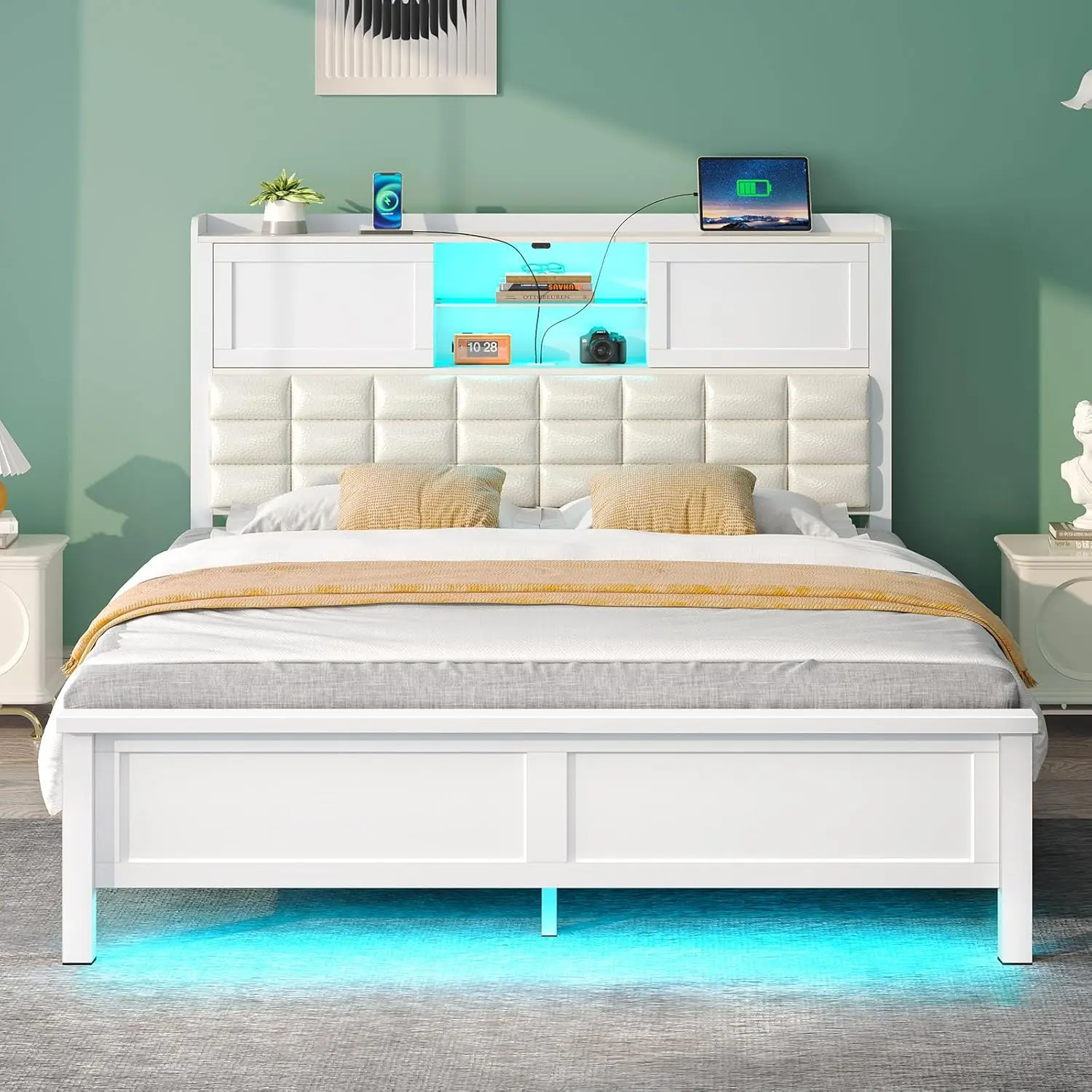 

Bed Frame Full Size with Charging Station, Bookcase Headboard Bed with LED Light and Sliding Doors, Platform Bed with