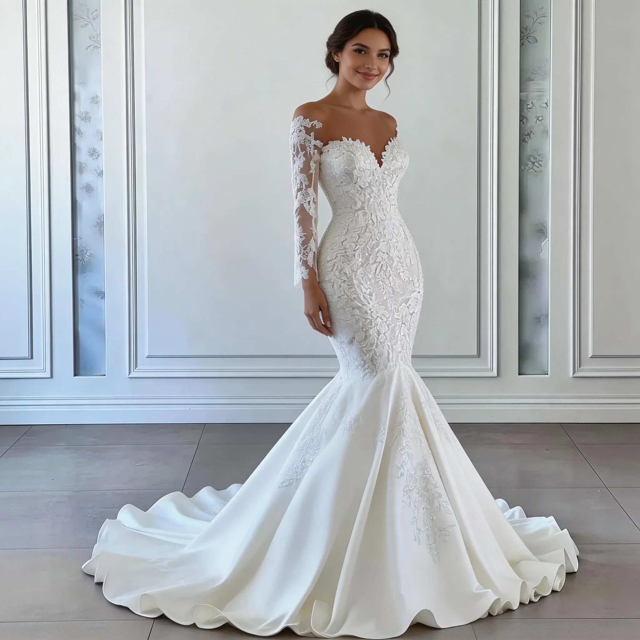 

Elegant Mermaid Wedding Dress Lace Long Sleeves Sweetheart Decals Beaded Bridal Gown for Women's Vestidos De Novia Customized