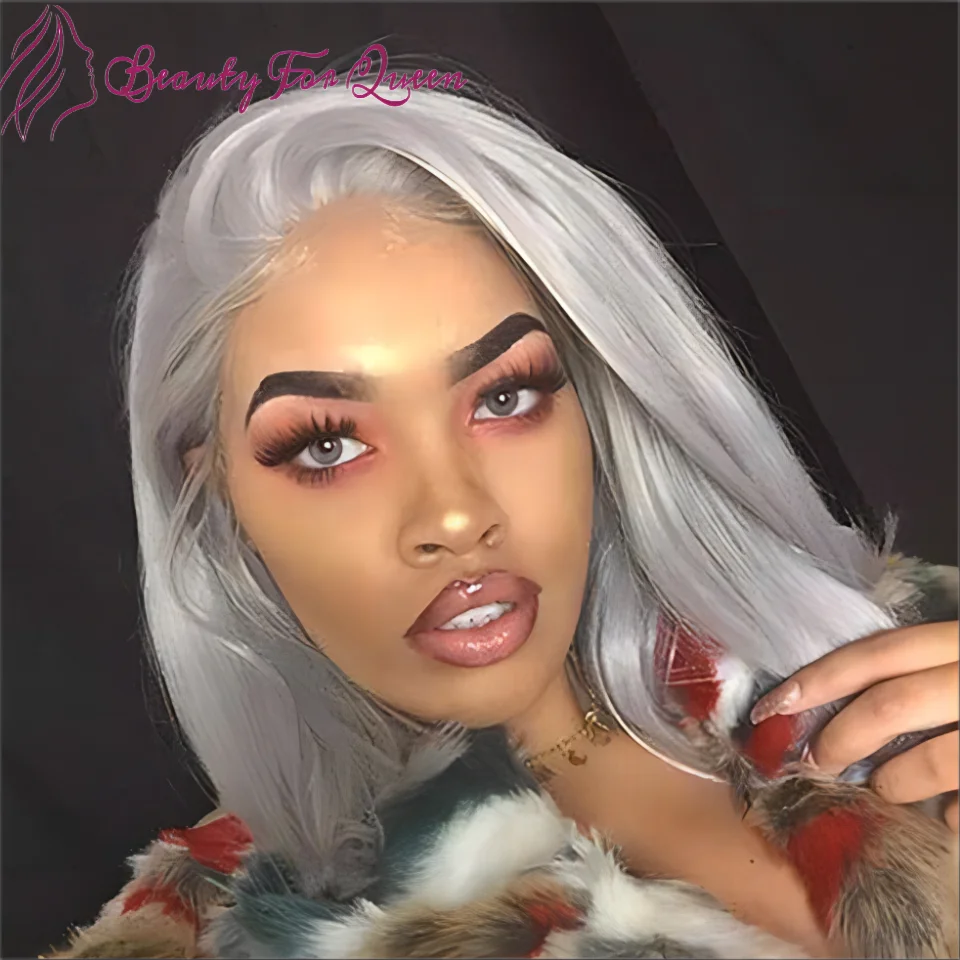 

Brazilian Colored Human Hair Wig Grey Straight Short Bob 200 Density 13x4 Transparent HD Lace Frontal Wigs For Women Cosplay