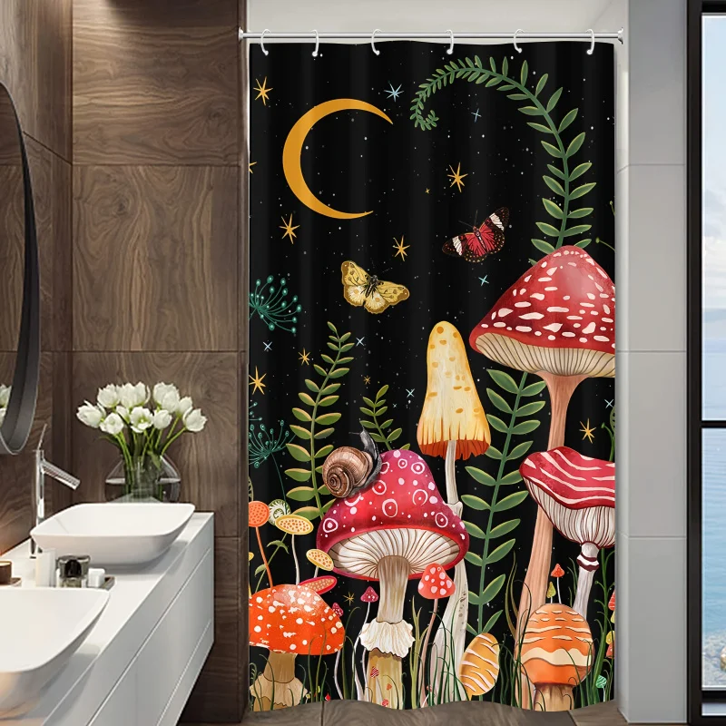 1pc mushroom curtain set, black and red floral butterfly waterproof fabric bathroom shower curtains, aesthetic moon Flowe