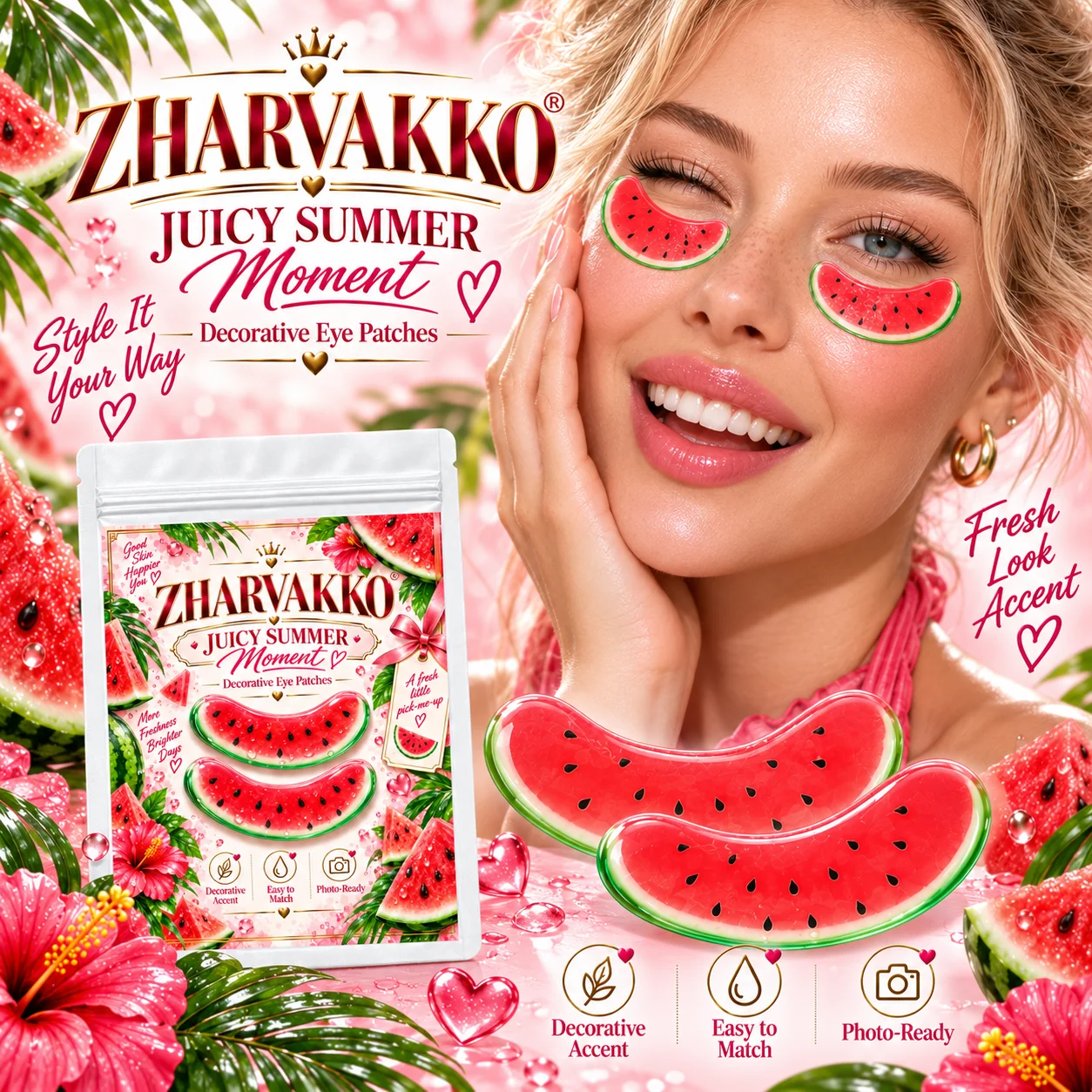 4/8pcs Watermelon Slice Decorative Eye Patches, Glossy-Look, Playful Summer Makeup for Beach Selfies & Pool Parties