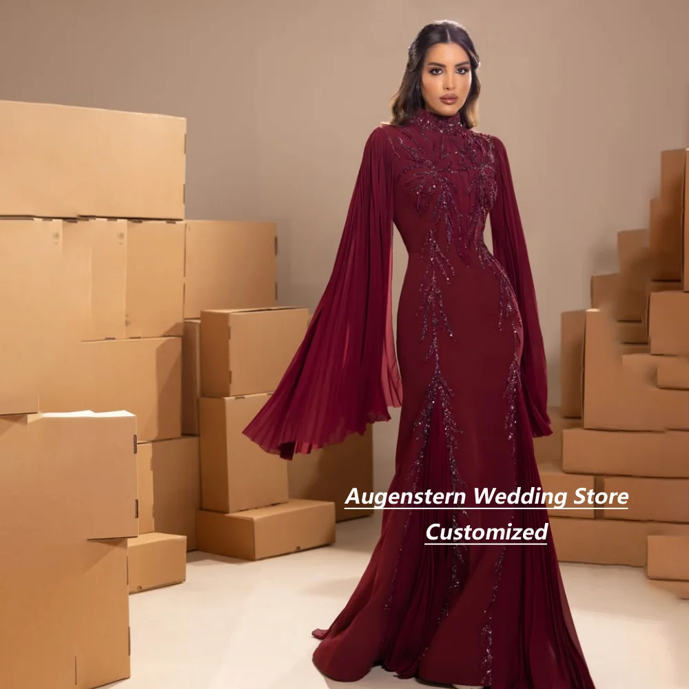 Customized Burgundy High Neck Mermaid Mother Of The Bride Gown Pleated Flare Long Sleeves Beaded Wedding Formal Party Plus Size