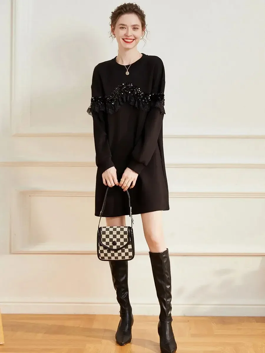 LOUIS YAO Women Dress 2024 New Round Neck Long Sleeve Sequin Lace Dress Casual Loose Fit Short Dress for Women