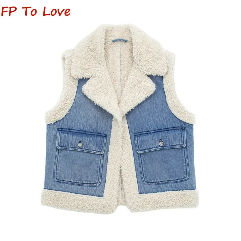 

Autumn Winter Pocket Decoration Lapel Reversible Short Denim Top PB&ZA Woman Lamb's Wool Fleece Vest 3548251 405