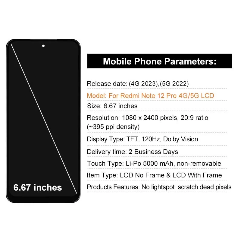 TFT Screen For Xiaomi Redmi Note 12 Pro 4G Display Touch Screen Digitizer For Redmi Note 12 Pro 5G LCD Assembly Replacement Part