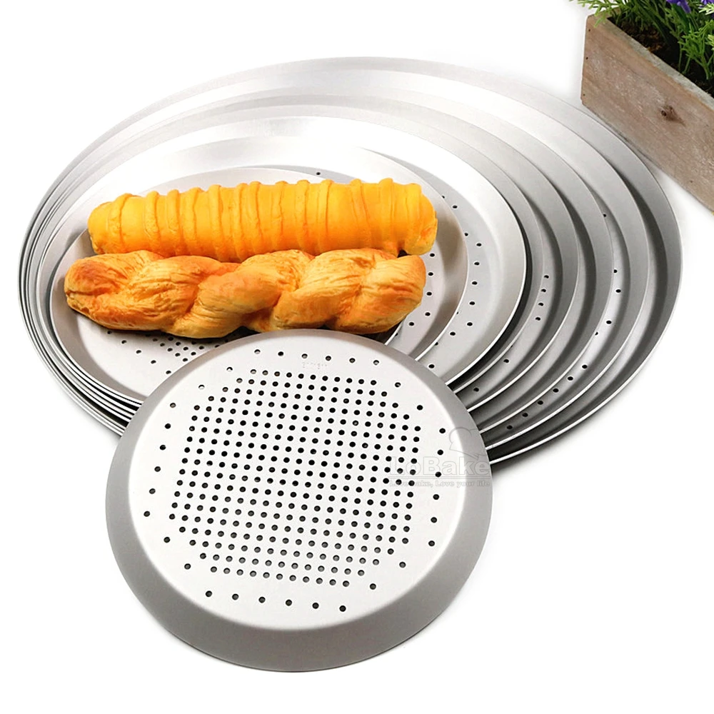 6.5 to 15 Inches Hard Film Aluminium Alloy Round Pizza Pan Pancake Pie Mold Cheese Plate with Punching Leaky Holes DIY Bakeware