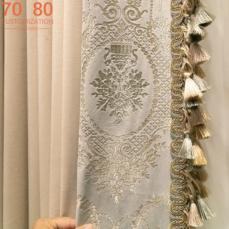French Milk Tea Color Embroidery Velvet Splicing Curtains for Living Room Bedroom French Window Screen Customization