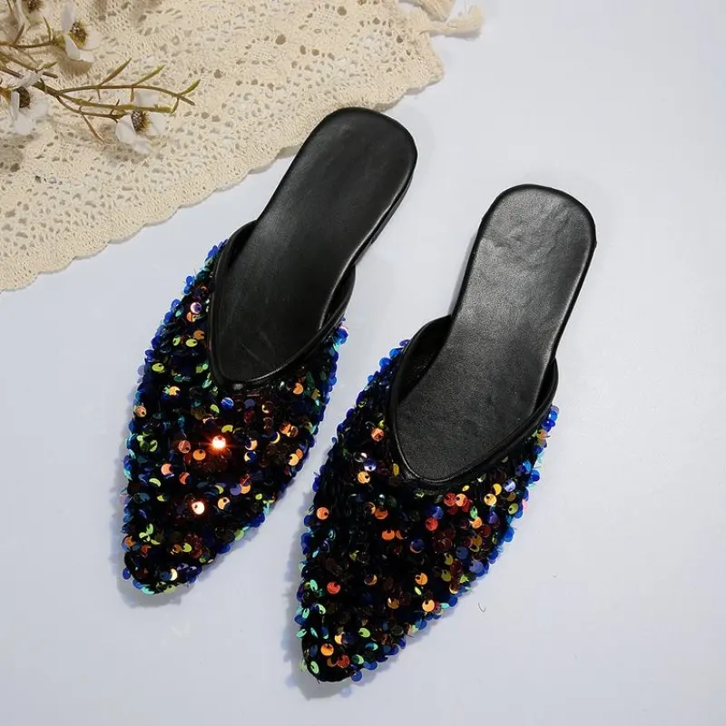 

2024 Fashion Sequin Pointed Toe Slides Square Low Heels Students Half Slippers Summer Casual Beach Women Sandals Outdoor Mules