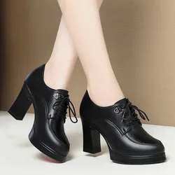 British Style Deep Mouth Soft Leather Oxford Shoes Women's Platform Pumps 2024 Spring Block High Heels Shoes for Office Mom