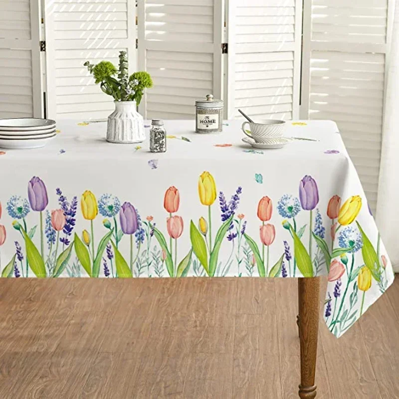 Spring Summer Rectangle Tablecloth Watercolor Wildflowers Tulips Lavender Bloom Floral Tablecloth Party Picnic Dinner GCYJ001-D