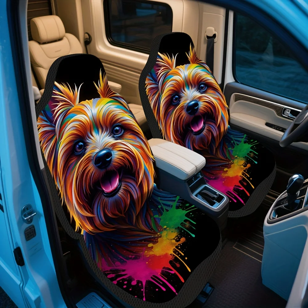 Set Of 2, Trendy And Vibrant Yorkshire Terrier Front Seat Covers, Ideal For Individual Front Car Seats, Upgrades Vehicle Interio