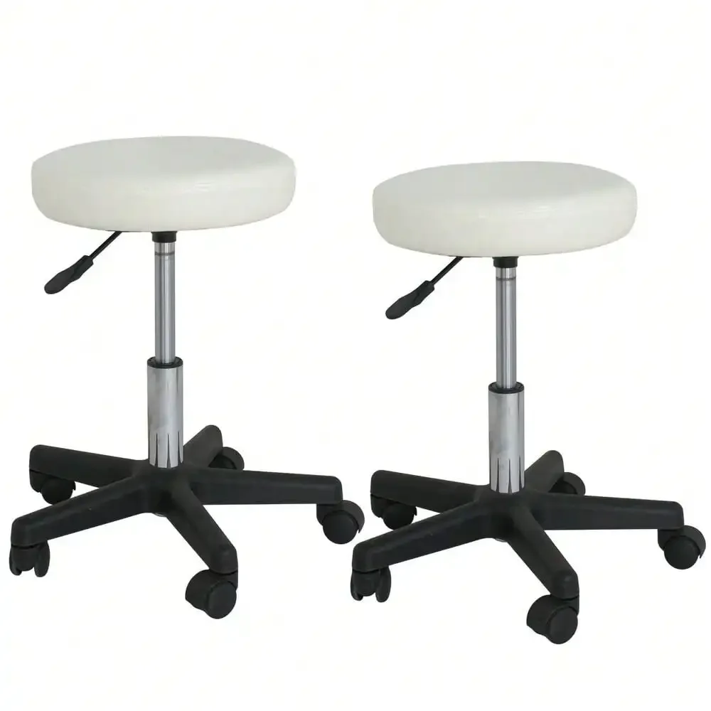 

Set of 2 White Leather Swivel Round Adjustable Stools Chairs Salon Stools