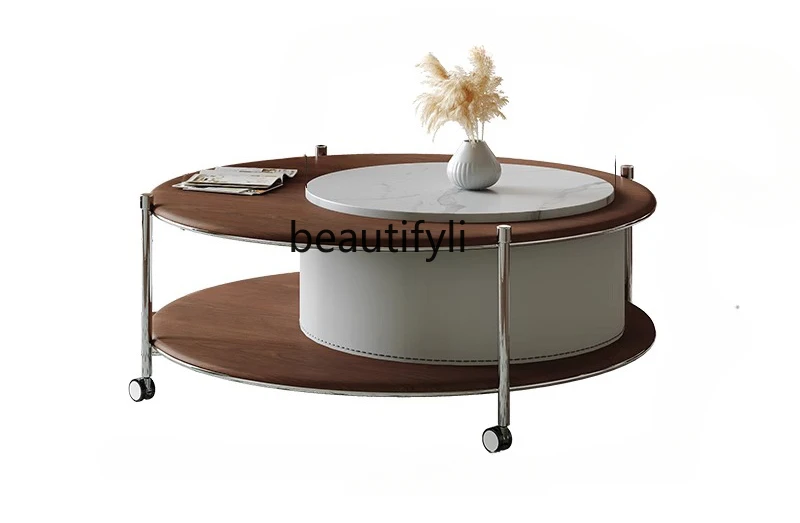 

New medieval style, round coffee table marble advanced wheel lifting rotating saddle leather creative