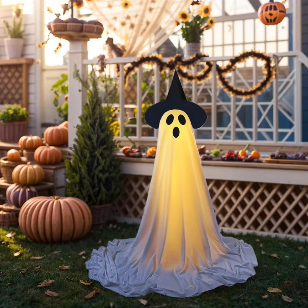 

With Witch Hat Standing Ghost Light White Luminous Halloween Yard Ghost Ornaments Stable Base LED Glow Specter Ornament Porch