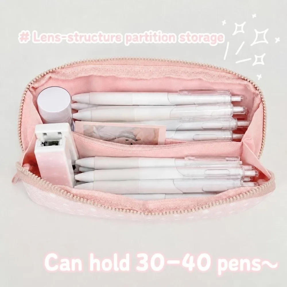 Durable Pink Polka Dot Pencil Case Double Snap Button Large Capacity Stationery Pouch Pencil Pouch Gift