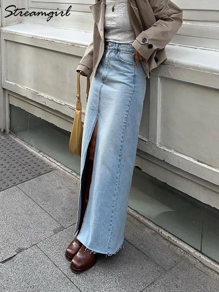 Streamgirl Blue Front Slit Denim Skirt Women Long Jeans Skirts Straight Women\'s Summer Denim Skirt For Women 2023 Maxi Skirt