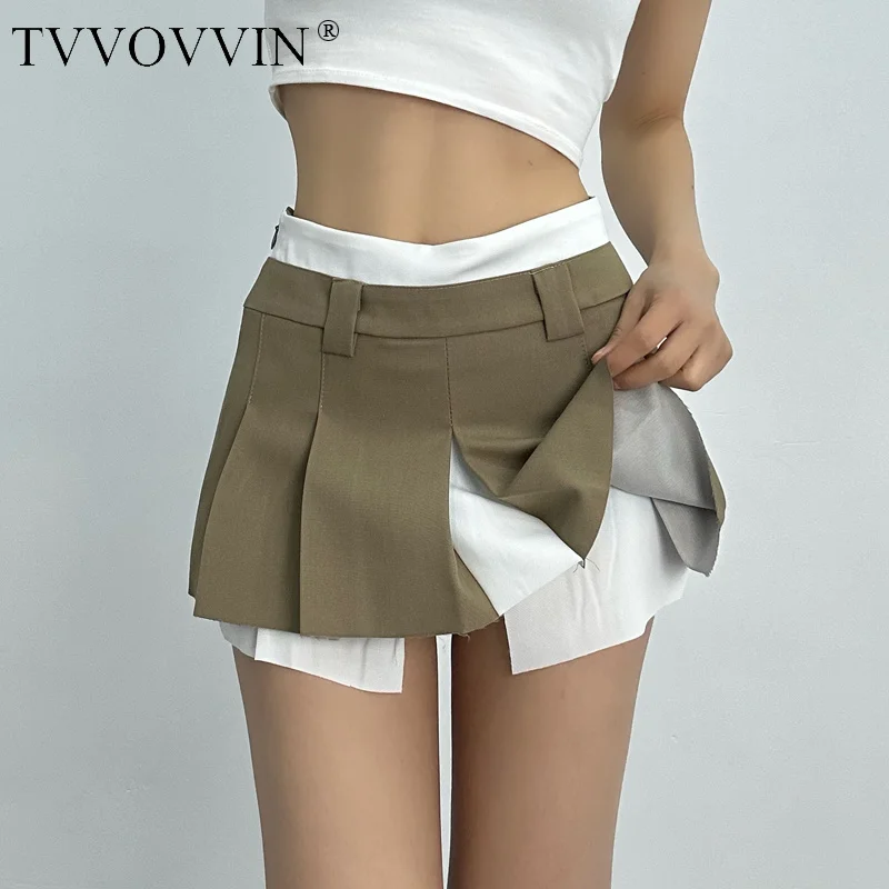 TVVOVVIN High School Spicy Girls' Low Waist Short Skirt Contrast White Half body Skirt Sexy Pleated Anti A-line Skirt FU4N