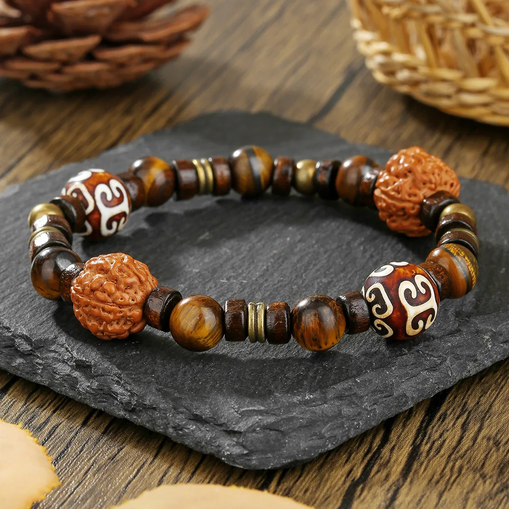 

1PC Fashion ethnic style bodhi wooden beaded bracelet for men's bohemia natural tiger eye stone bracelets man tribal jewelry
