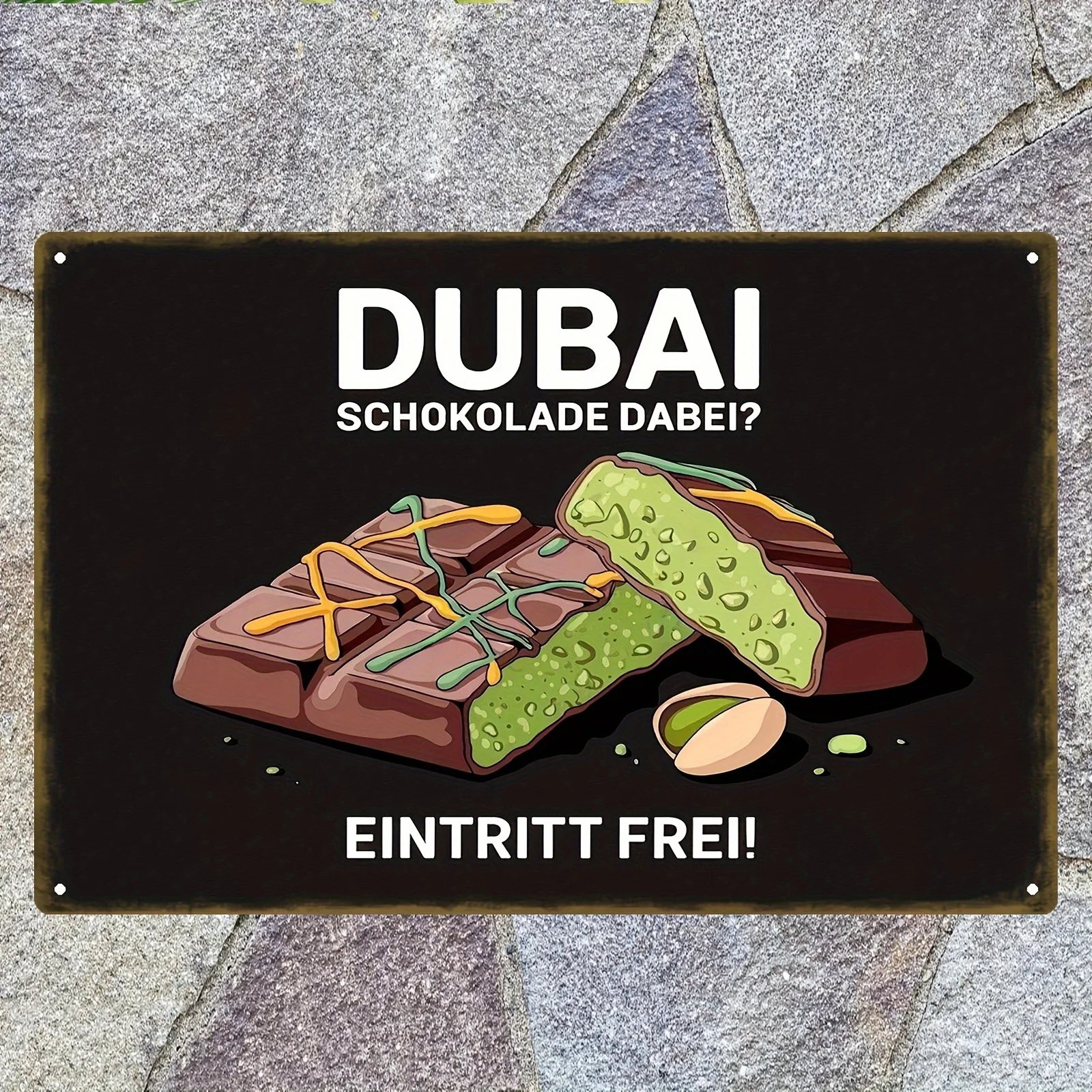 （2D Tin painting）Vintage Dubai Chocolate Metal Tin Sign - Retro Middle Eastern Candy Poster Wall Decor with Chocolate Bars, H