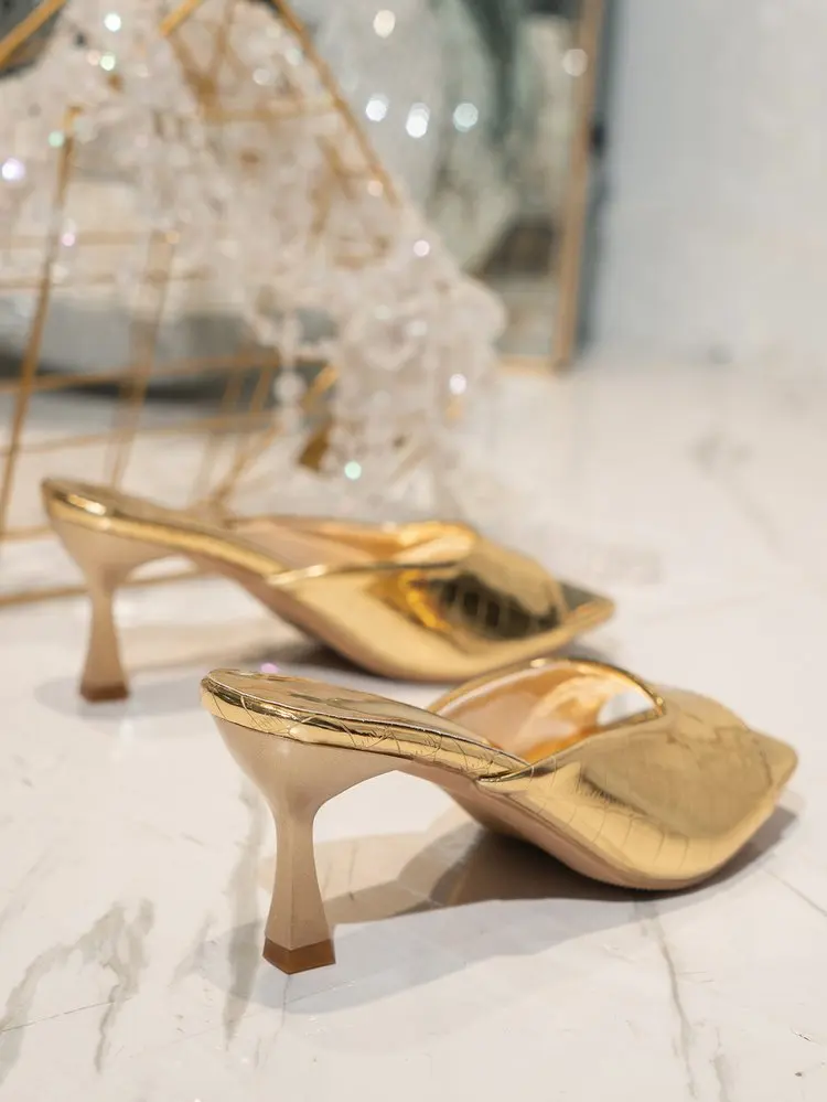 Luxuriöse Goldene High Heels Pantoletten für Damen 2026 Sommer Quadratische Spitze Dünne Absätze Sandalen Übergröße 42 Partyschuhe Damenpumps – Detail 1