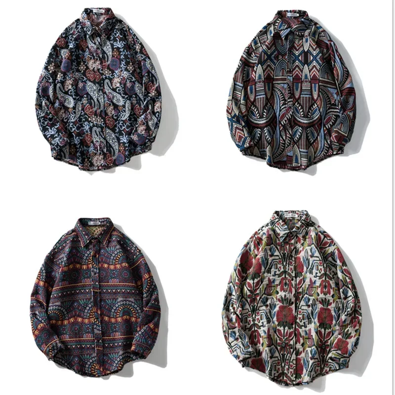 Vintage Ethnic Woolen Shirt Men's Thickened Casual Personality Shirt Jacket Tide Loose Variety Couple Abstract Floral Shirts