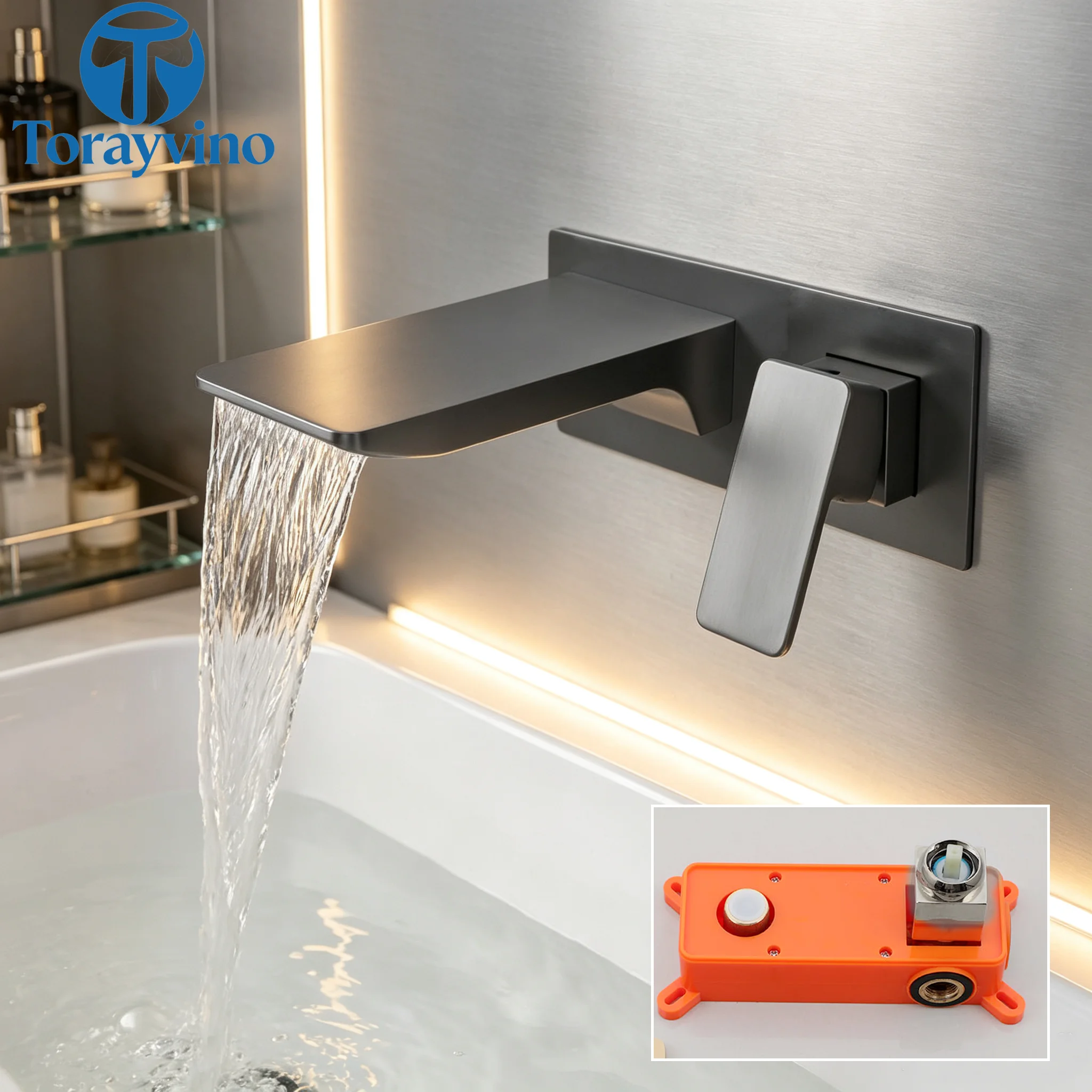 Torayvino Black Luxury Bathroom Sink Faucet Wall Mount Bathtub Faucet Waterfall Basin Shower Systerm Faucet Set Bath Mixer Tap
