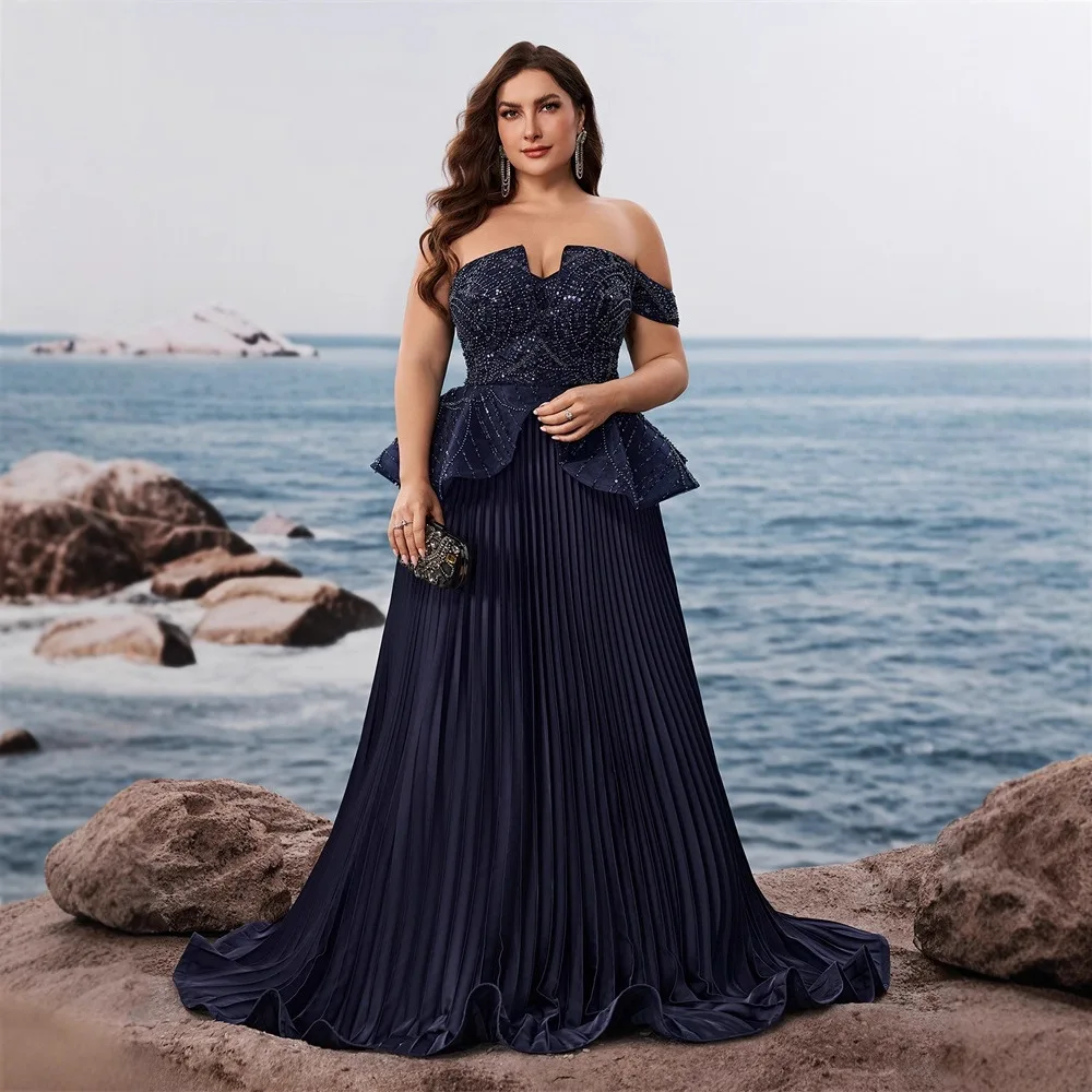 

Plus Size Navy Off The Shoulder Maxi Dress Notched Sweetheart Beaded Peplum Waist Accordion Pleat A Line Train Evening Gown