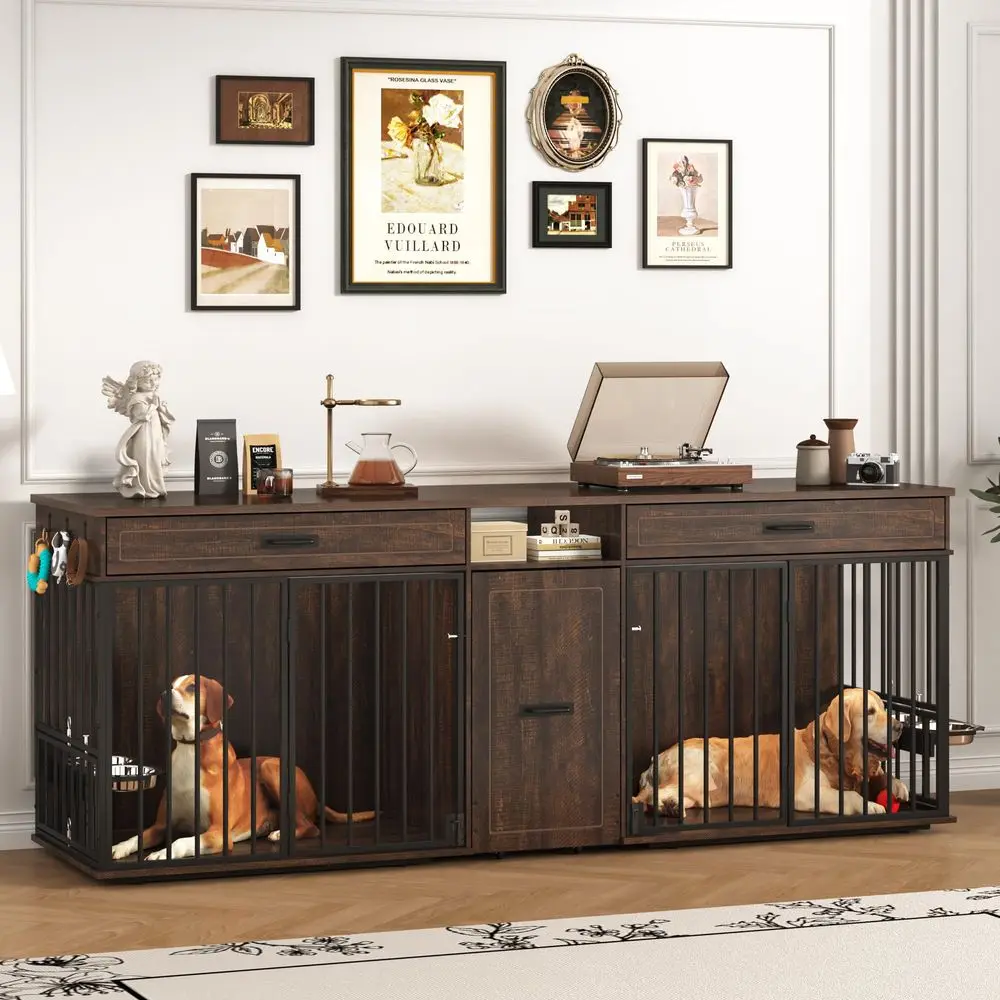 

Dog Crate Furniture Large Breed TV Stand with Double Rooms, Wooden Dog Kennel Furniture with Dog Bowl, 2 Drawers and Cabinet fo