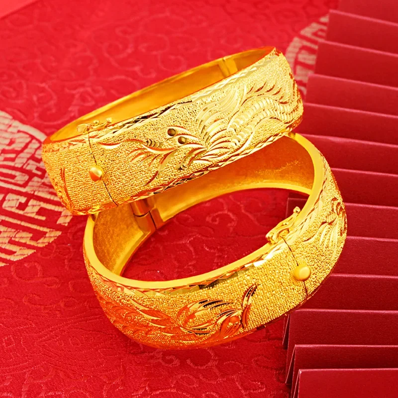 Luxury 14 K Yellow Gold Color Bracelet Bangle for Women 20mm Wide Dragon Phoenix Bracelet Bridal Wedding Engagment Fine Jewelry