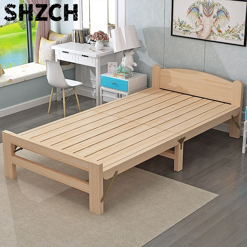 Folding Solid Wood Bed Space-Saving Single Bed Hard Board Bed for Rental Room