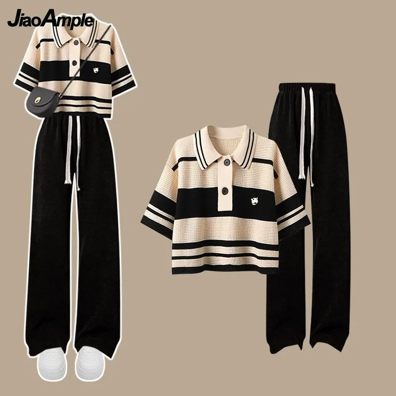 Women\'s Summer Tracksuit 2023 New Fashion Stripe Short Sleeve T-shirt+Casual Pants Two Piece Korean Elegant New Matching Set