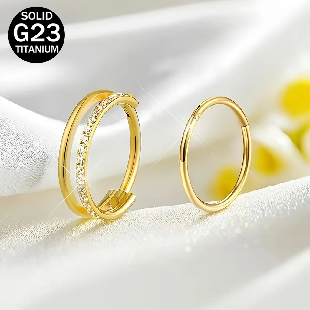 1/2pcs G23 titanio anillo de la nariz de oro del septo 16G 8/10/12mm Conch Piercings CZ pendientes de doble aro adecuados para varios piercings