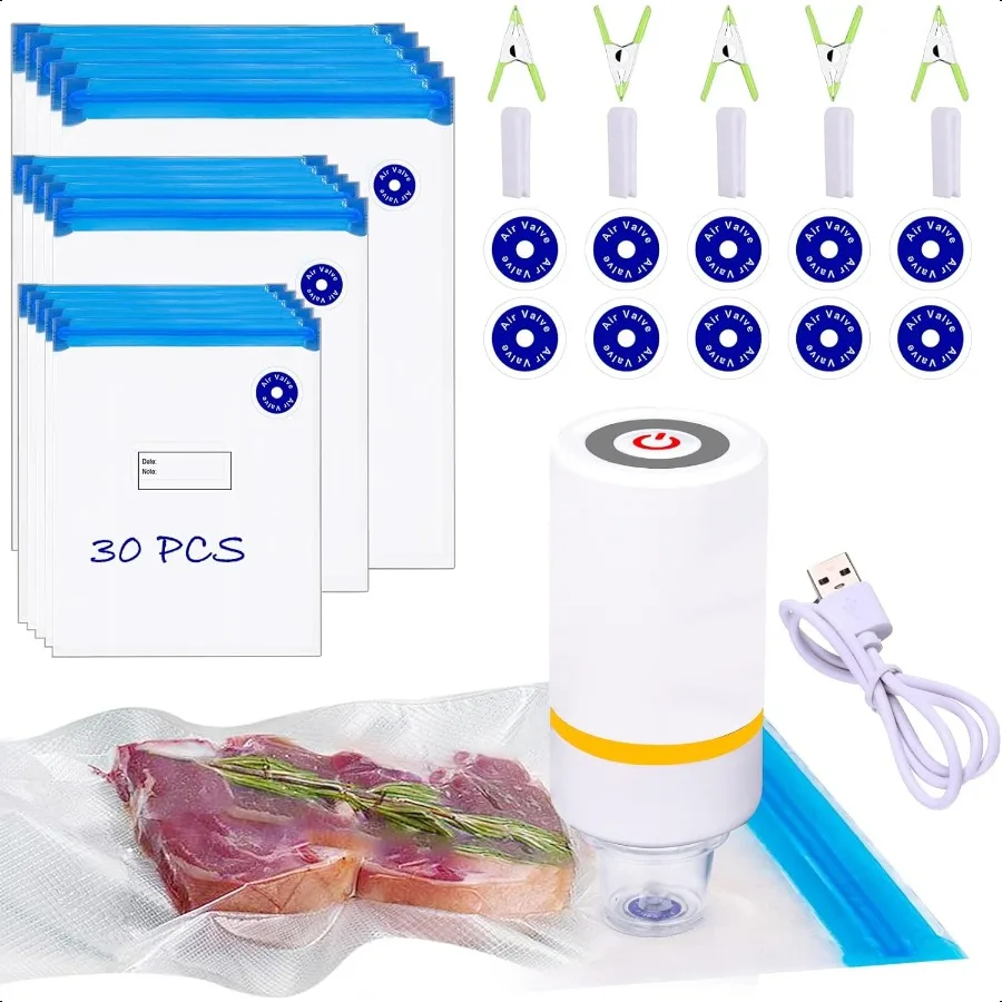 

42 PCS Sous Vide Vacuum Sealer Set 30 Reusable Bags 5 Clips and Sealing Clips for Anova Joule Cookers