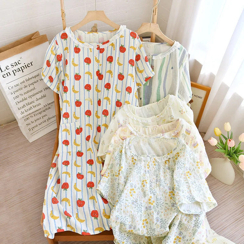 Pijamas de mujer Primavera Verano gasa de algodón puro de manga corta dulce camisón suelto fino cuello redondo falda para el hogar