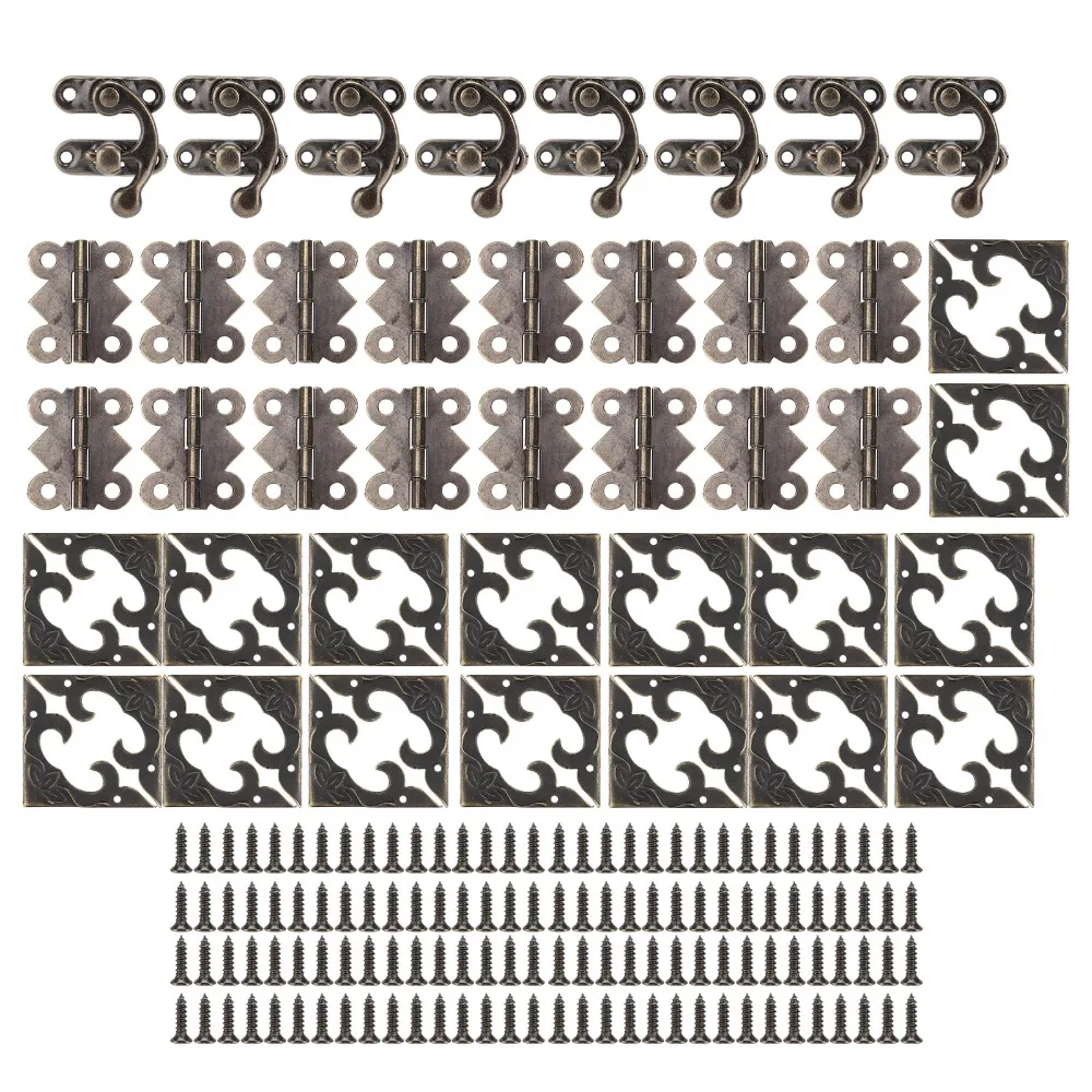 46PCS Bronze Box Hardware Metal Corner Trim Small Size Box Hinges Decorative Right Latch Retro Buckle Locks Jewelry Box
