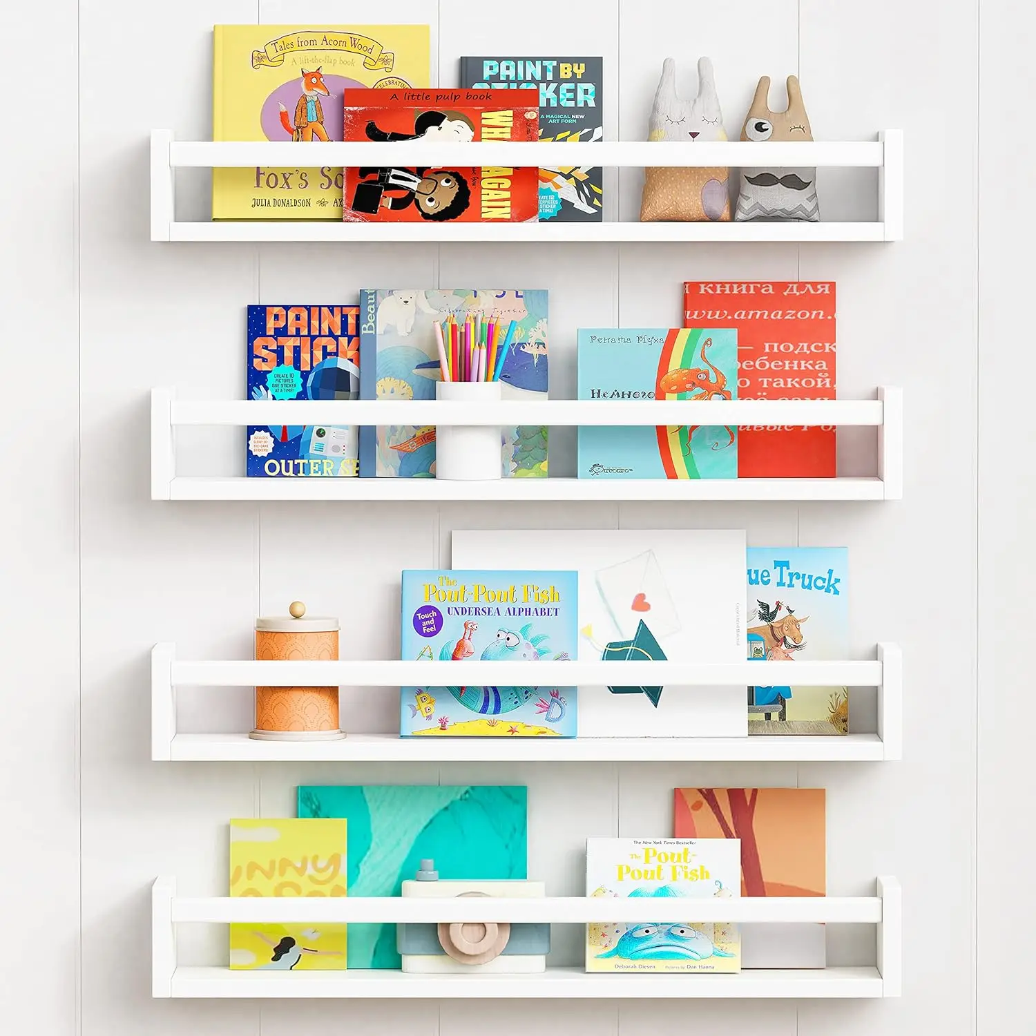 

24-Inch Children's Bedroom Wall Bookcase (Set of 4), White Floating Baby Bookcase, Large Wooden Wall Bookcase and Toy Organizer