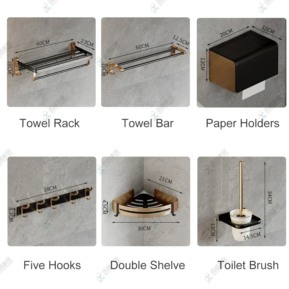 Black Gold Aluminum Bathroom Accessories Hardware Set Towel Bar Rail Paper Holder Robe Hook Bath Rack Hanger Shelf Toilet Brush