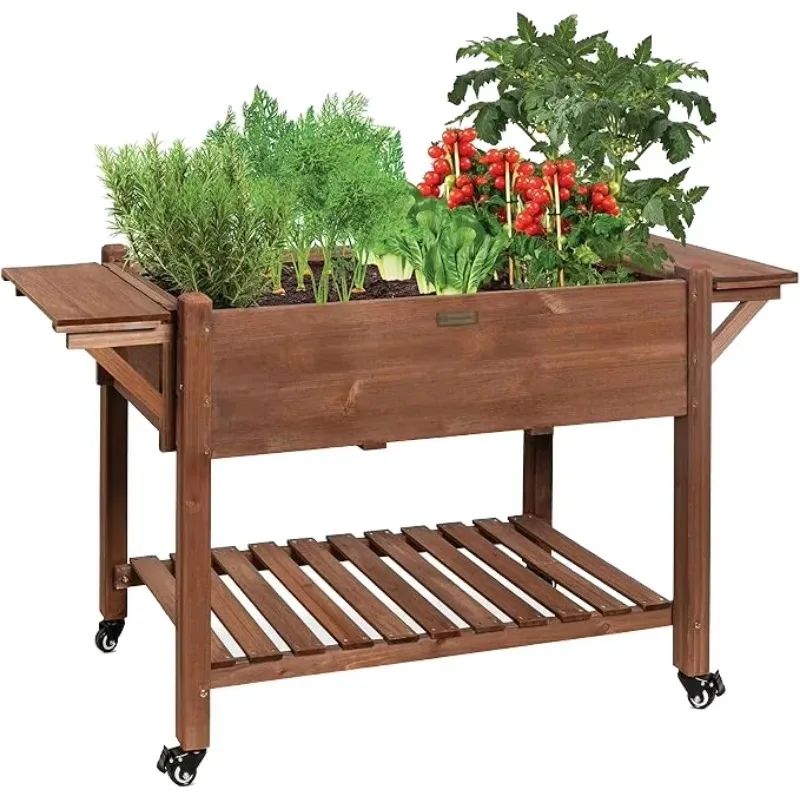 Mobile Raised Garden Bed Elevated Wood Planter Box Stand for Backyard  Patio w Folding Side Tables Locking Wheels