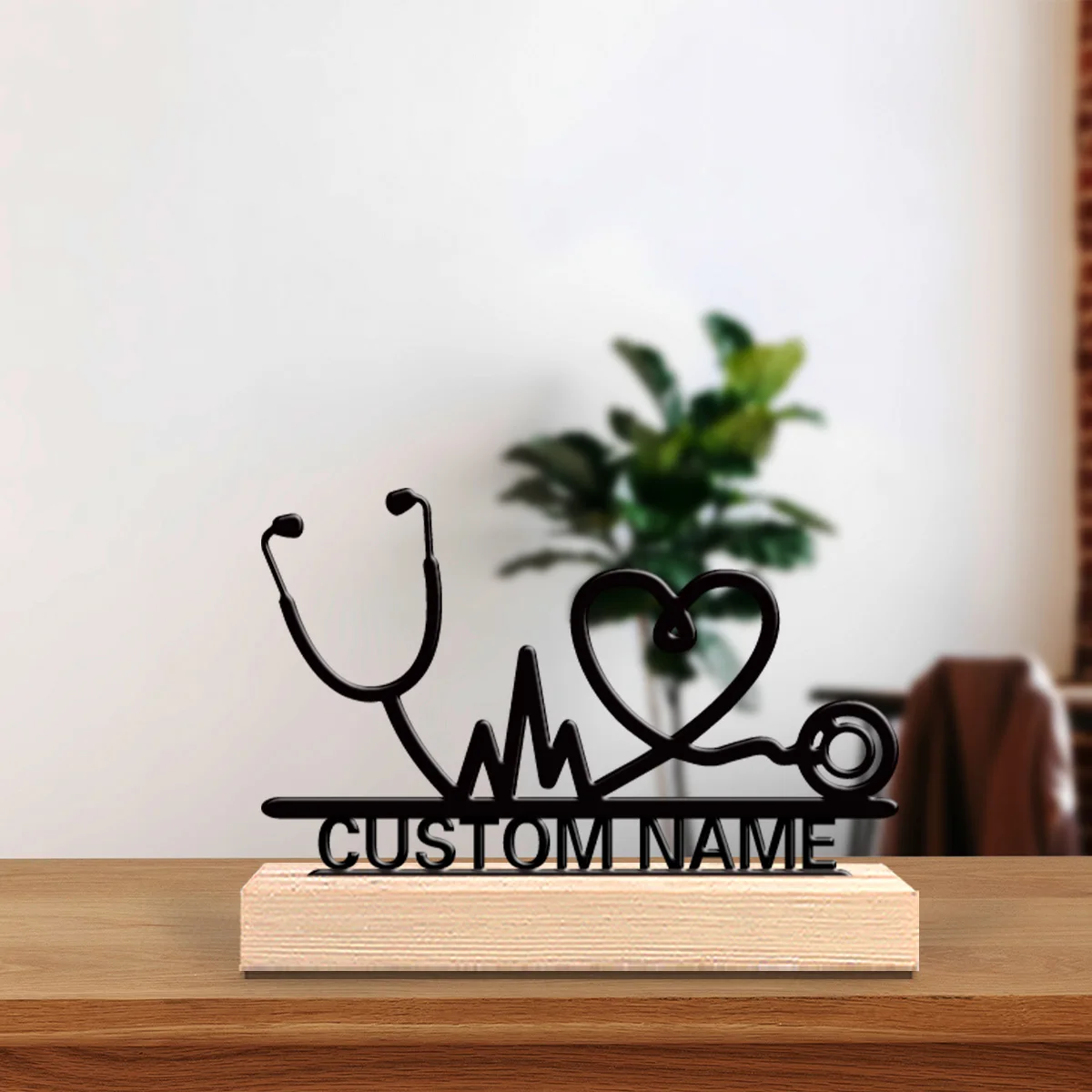 1pc Abstract ECG stethoscope Customized Name Iron Sculpture Iron Statue With Wood Base Bedroom Table