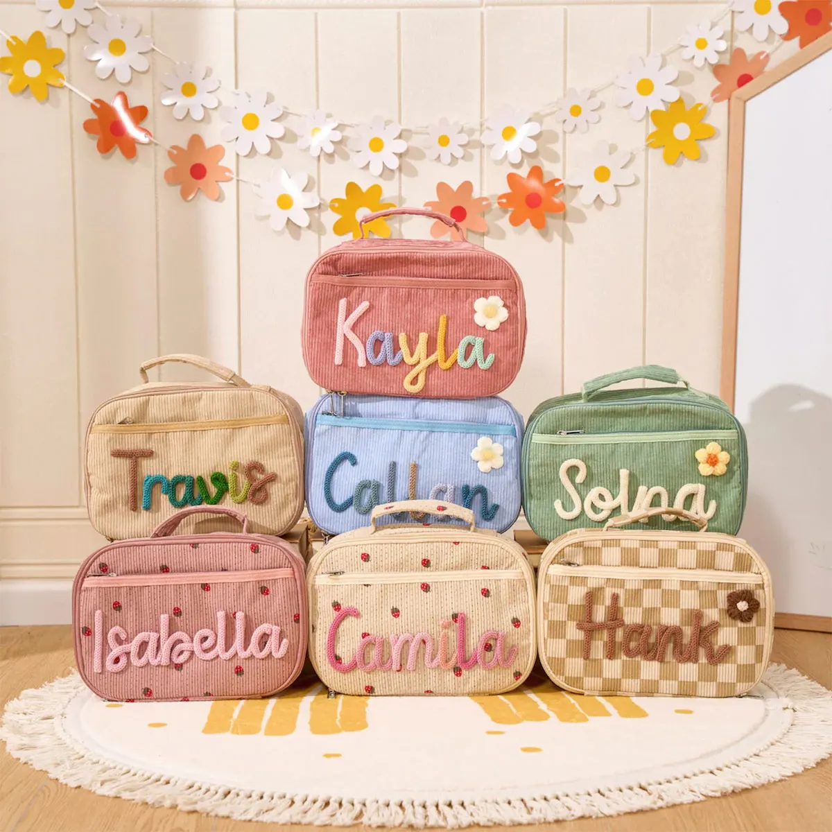 1pc Personalized Embroidered Corduroy Lunch Bag, Portable Travel Insulated Lunch Box, Business Trip, Back-to-School Gift