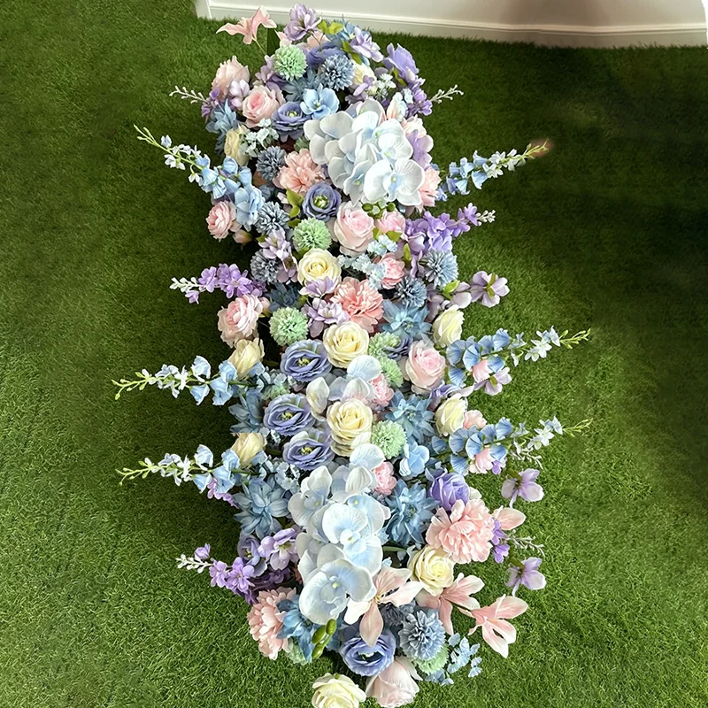 Rosa-weiße Rosen-Grün-Verzierung, langer Sofatischläufer, luxuriöser Hochzeitsbogen, Blumenreihe, Gangbühnen-Hintergrund, Event-Party-Dekoration – Detail 2