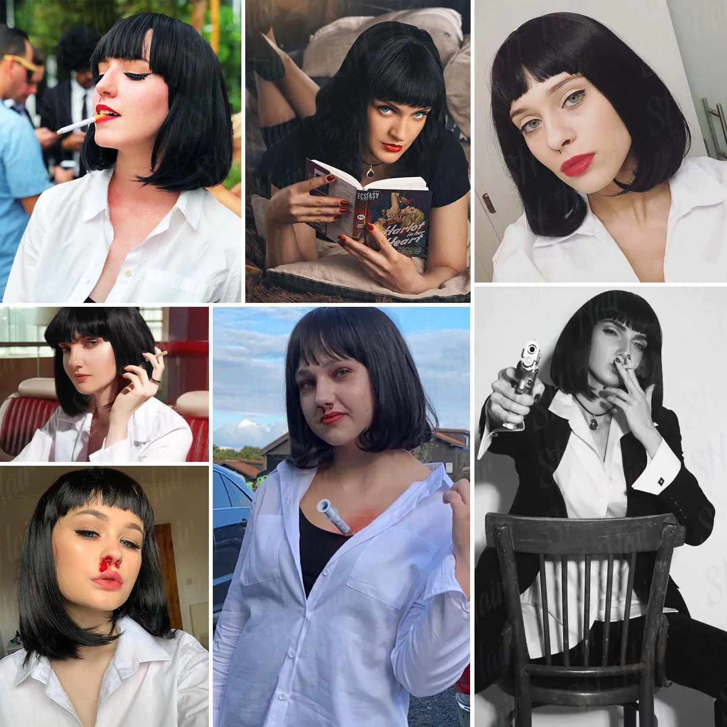 Synthetic Black Bob Wig with Bangs for Women Short Straight Mia Wallace Costume Wig Wig for Daily Party Cosplay Halloween or Fun