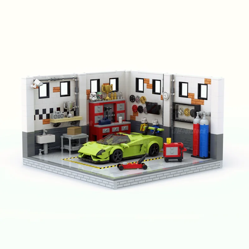 MOC Classic City Garage Scene Block Modular Buildings Model Education Enlightenment Track Display Stage Birthday Toys Brick Gift