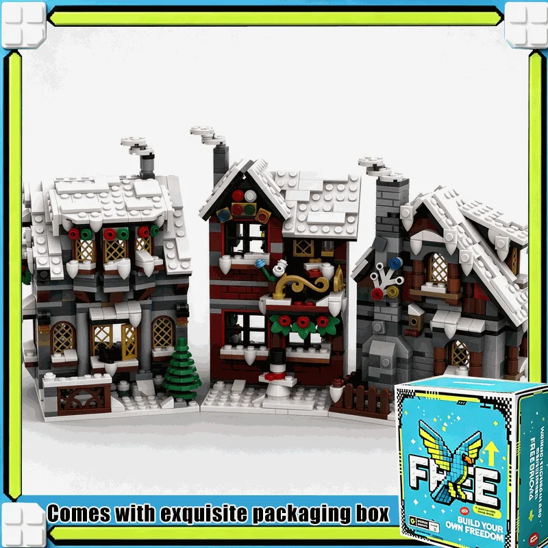 1518PCS Winter Village House Building Blocks Model Custom Modular Architecture DIY Assembly Toy With Snowy Roof And Garland