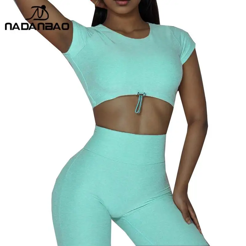 Nadanbao Fashion Pink Yellow Yoga Suit Women's Hollow Short Sleeves Top Pad High Waist Shorts Hip-Lifting Sports Fitness Pants
