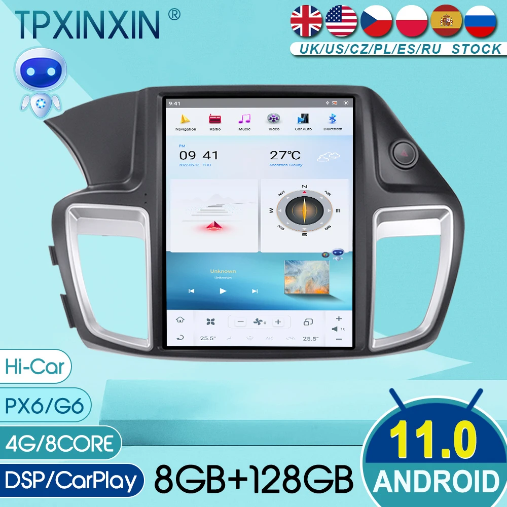 

Магнитола на Android 11 PX6/G6 для Honda Accord 9 2012-2017, Автомобильный мультимедийный проигрыватель с голосовым управлением, автомобильный GPS-навигатор, DSP 4, GLET 8 ядер