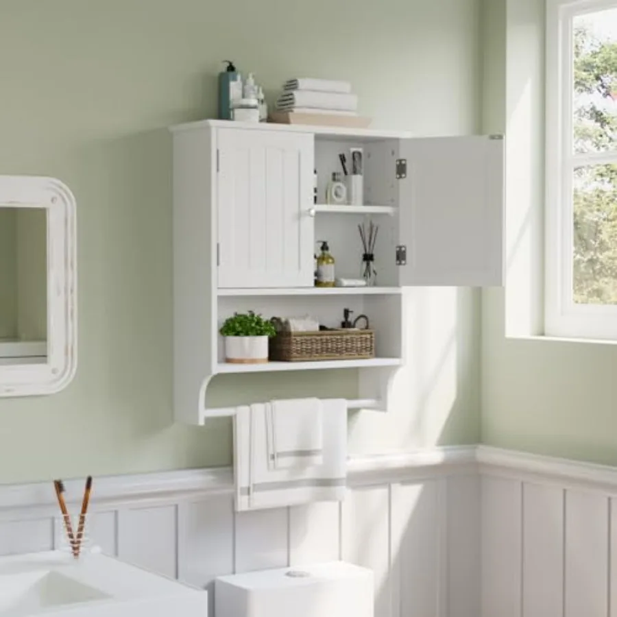 

Wall Mounted White Bathroom Cabinet with Towel Bar and 2 Adjustable Shelves for Over Toilet Storage in Bathroom Laundry Room or