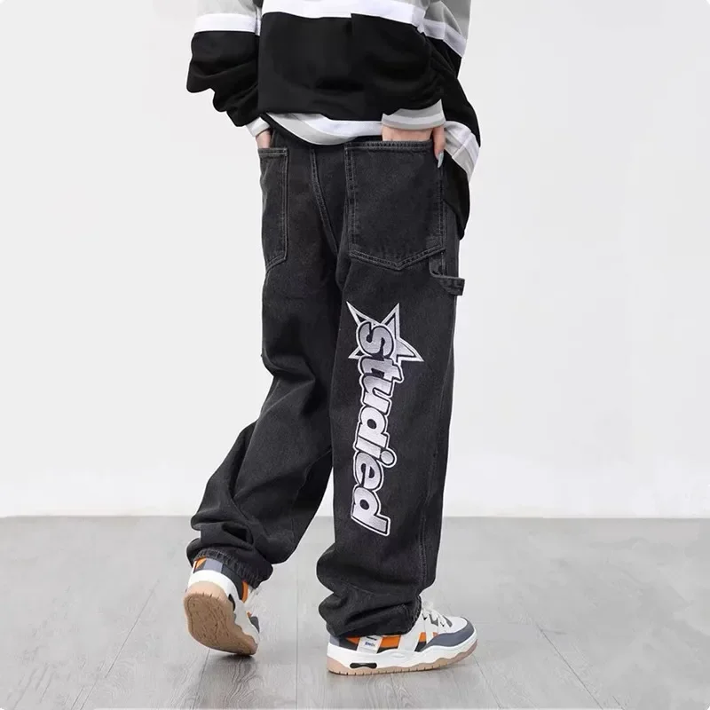 2024 Y2K Fashion Star Letter Embroidery Vintage Black Baggy Cargo Jeans Pants For Men Clothing Straight Luxury Denim Trousers