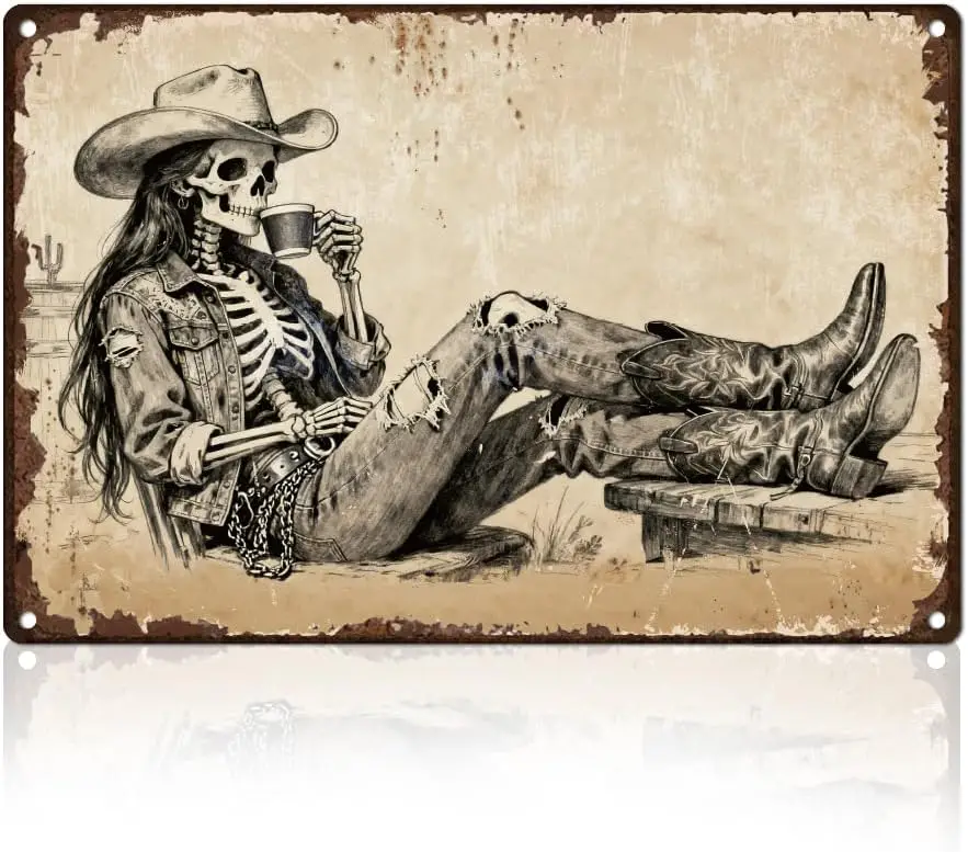 Skeleton Cowboy Woman Tin Sign Retro Metal Wall Decor 8 x 12 Vintage Halloween Gothic Skeleton Drinking Coffee Wall Art Poster f