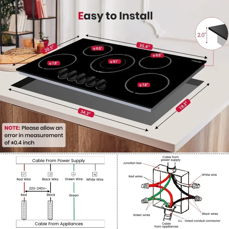 ‎Tempered Glass, PlasticGASLAND Chef Electric Cooktop 36 Inch, Built-in Ceramic Radiant Stovetop CH90BS with 5 Burners, 220V